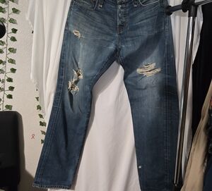 Guess Men's Distressed Dark Blue Straight Jeans